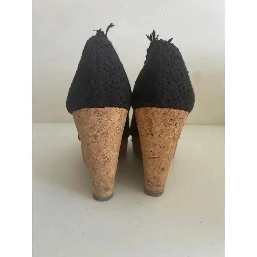 CLEARANCE Women's Nine West Black Crochet‎ Wedge Cork Heels Size 7.5M GUC